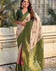 Cream with Green Organza Silk Floral Kalamkari Fusion Printed Saree with Zari Woven Contrast Border