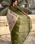 Cream with Green Organza Silk Floral Kalamkari Fusion Printed Saree with Zari Woven Contrast Border