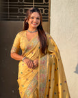 Light Yellow Baluchari Silk Zari Woven Saree