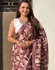 Dark Brown Tussar Silk Printed Saree with Zari Woven Border