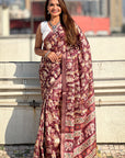 Dark Brown Tussar Silk Printed Saree with Zari Woven Border