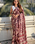Dark Brown Tussar Silk Printed Saree with Zari Woven Border