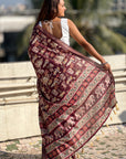 Dark Brown Tussar Silk Printed Saree with Zari Woven Border