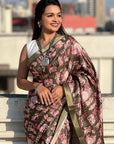 Bottle Green Tussar Silk Printed Saree with Zari Woven Border