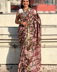 Bottle Green Tussar Silk Printed Saree with Zari Woven Border