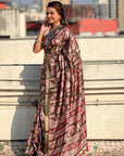 Bottle Green Tussar Silk Printed Saree with Zari Woven Border