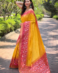 Yellow Soft Silk Floral Border Contrast Zari Woven Saree