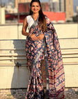 Dark Blue Tussar Silk Printed Saree with Zari Woven Border