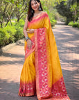 Yellow Soft Silk Floral Border Contrast Zari Woven Saree