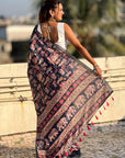 Dark Blue Tussar Silk Printed Saree with Zari Woven Border
