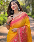 Yellow Soft Silk Floral Border Contrast Zari Woven Saree