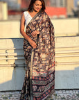 Black Tussar Silk Printed Saree with Zari Woven Border