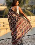 Black Tussar Silk Printed Saree with Zari Woven Border