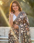 Black Tussar Silk Printed Saree with Zari Woven Border