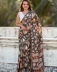 Black Tussar Silk Printed Saree with Zari Woven Border