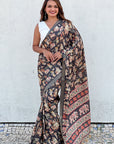 Black Tussar Silk Printed Saree with Zari Woven Border