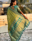 Green Pure Tissue Zari Woven Saree with Contrast Weaves
