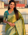 Green Pure Tissue Zari Woven Saree with Contrast Weaves