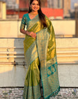 Green Pure Tissue Zari Woven Saree with Contrast Weaves