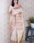 Cream Soft Silk Meenakari Zari Woven Saree with Temple Border