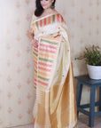 Cream Soft Silk Meenakari Zari Woven Saree with Temple Border