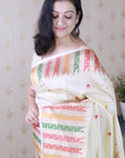 Cream Soft Silk Meenakari Zari Woven Saree with Temple Border