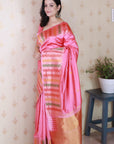 Baby Pink Soft Silk Meenakari Zari Woven Saree with Temple Border