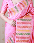 Baby Pink Soft Silk Meenakari Zari Woven Saree with Temple Border