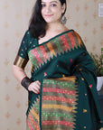 Bottle Green Soft Silk Meenakari Zari Woven Saree with Temple Border