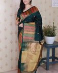 Bottle Green Soft Silk Meenakari Zari Woven Saree with Temple Border