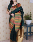 Bottle Green Soft Silk Meenakari Zari Woven Saree with Temple Border