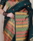 Bottle Green Soft Silk Meenakari Zari Woven Saree with Temple Border