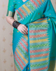 Aqua Blue Soft Silk Meenakari Zari Woven Saree with Temple Border