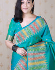 Aqua Blue Soft Silk Meenakari Zari Woven Saree with Temple Border