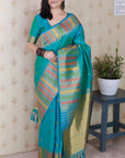 Aqua Blue Soft Silk Meenakari Zari Woven Saree with Temple Border