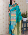 Aqua Blue Soft Silk Meenakari Zari Woven Saree with Temple Border
