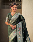 BottleGreen Chandrakor Paithani Silk Banarasi Zari Woven Saree