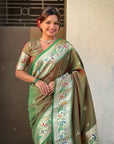 Mehendi Green Chandrakor Paithani Silk Banarasi Zari Woven Saree