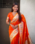 Orange Chandrakor Paithani Silk Banarasi Zari Woven Saree