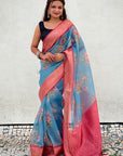 Blue Tissue Crush Silk Floral Printed Saree with Zari Woven Border