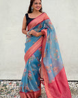 Blue Tissue Crush Silk Floral Printed Saree with Zari Woven Border