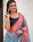 Blue Tissue Crush Silk Floral Printed Saree with Zari Woven Border