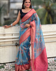 Blue Tissue Crush Silk Floral Printed Saree with Zari Woven Border