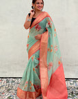 Sky Blue Tissue Crush Silk Floral Printed Saree with Zari Woven Border