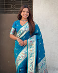 Denim Blue Chandrakor Paithani Silk Banarasi Zari Woven Saree
