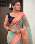 Sky Blue Tissue Crush Silk Floral Printed Saree with Zari Woven Border
