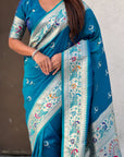Denim Blue Chandrakor Paithani Silk Banarasi Zari Woven Saree