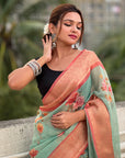 Sky Blue Tissue Crush Silk Floral Printed Saree with Zari Woven Border