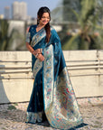 Denim Blue Chandrakor Paithani Silk Banarasi Zari Woven Saree