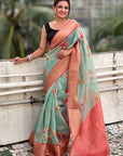 Sky Blue Tissue Crush Silk Floral Printed Saree with Zari Woven Border